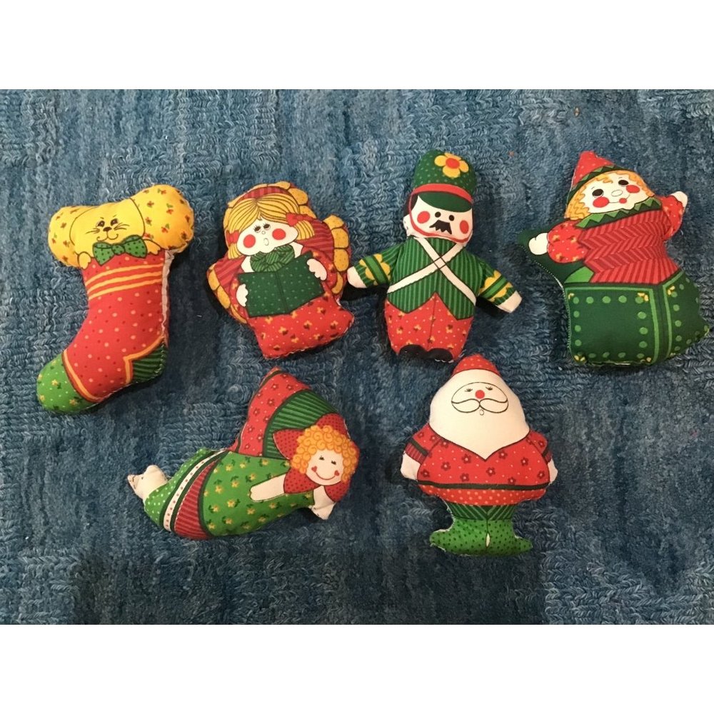 6 Vintage Christmas Ornaments Plush Fabric Stuffed Quilt Handmade Angel, Santa E